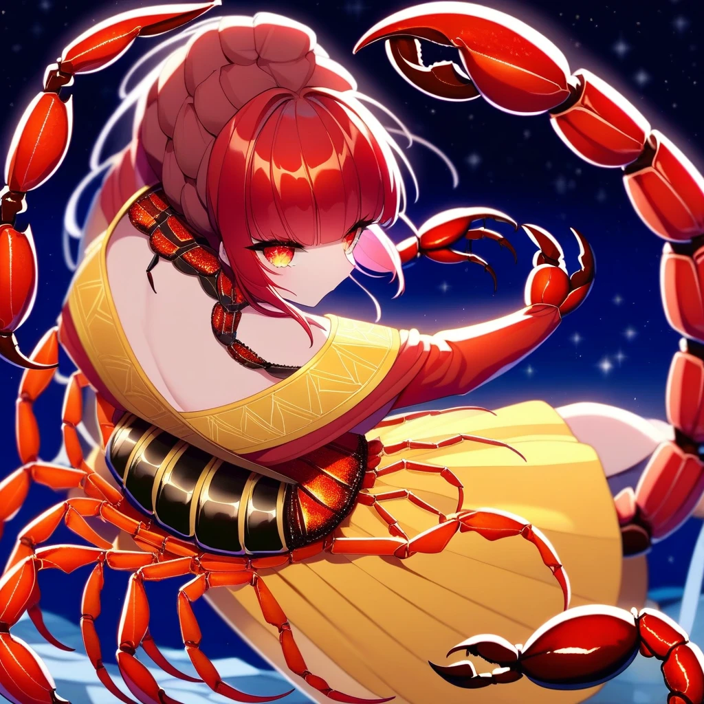 （Yellow plum、high quality、Very detailed），Constellation Scorpion 、Poisonous tail，(((Huge reddish black scorpion:1.6)))，A woman intimidating a Scorpio，Similar to the goodness of Latin，Brave，Long golden hair，Ancient Greek Costume、Wrap dress，(((The background is space:1.6)))，Crystal Red Eye（Eye details），A powerful look