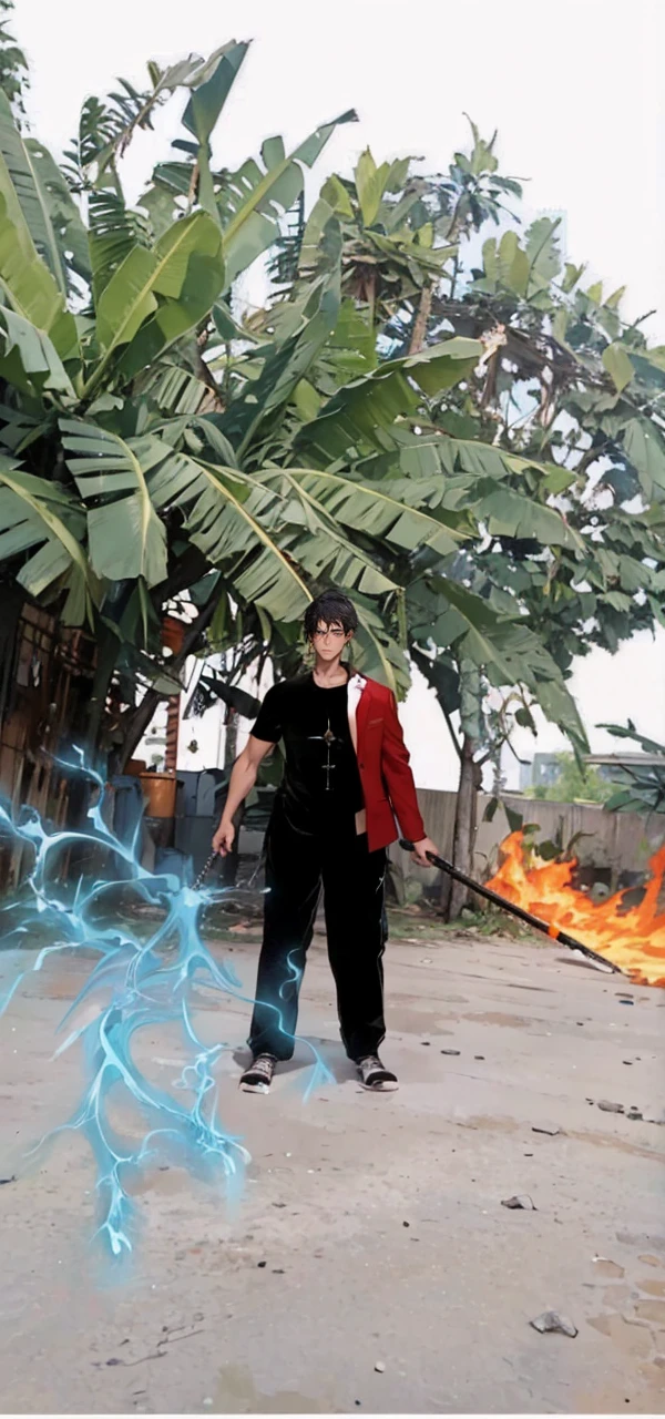 (masterpiece, best quality, highres, ultra-detailed), 1man, male focus, spiky black hair, grey eyes, handsome, detailed eyes and face, male body, earrings, ear piercing, unbuttoned black blazer, white shirt, trousers, bare collarbones, chain necklace, city slums background, by amano akira, full body, cigarette, cigarette smoke, guy smoking,1guy, masterpiece