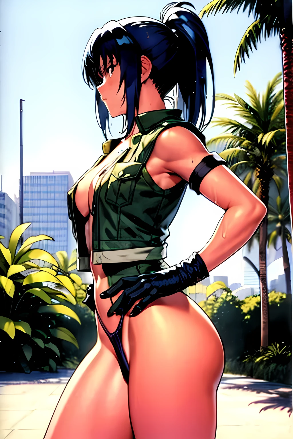 masterpiece, best quality, anime 1990s \(style\, leona heidern,  naked, fully open vest, thong, panty ,jungle, pony tail, wet, serious, gloves, 