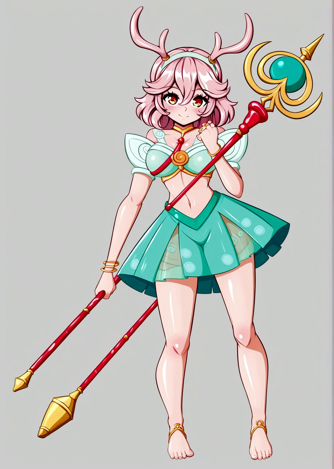 Cartoon anime style，girl，Pink hair，antlers，skirt，Scepter，Standing barefoot，Foot ring