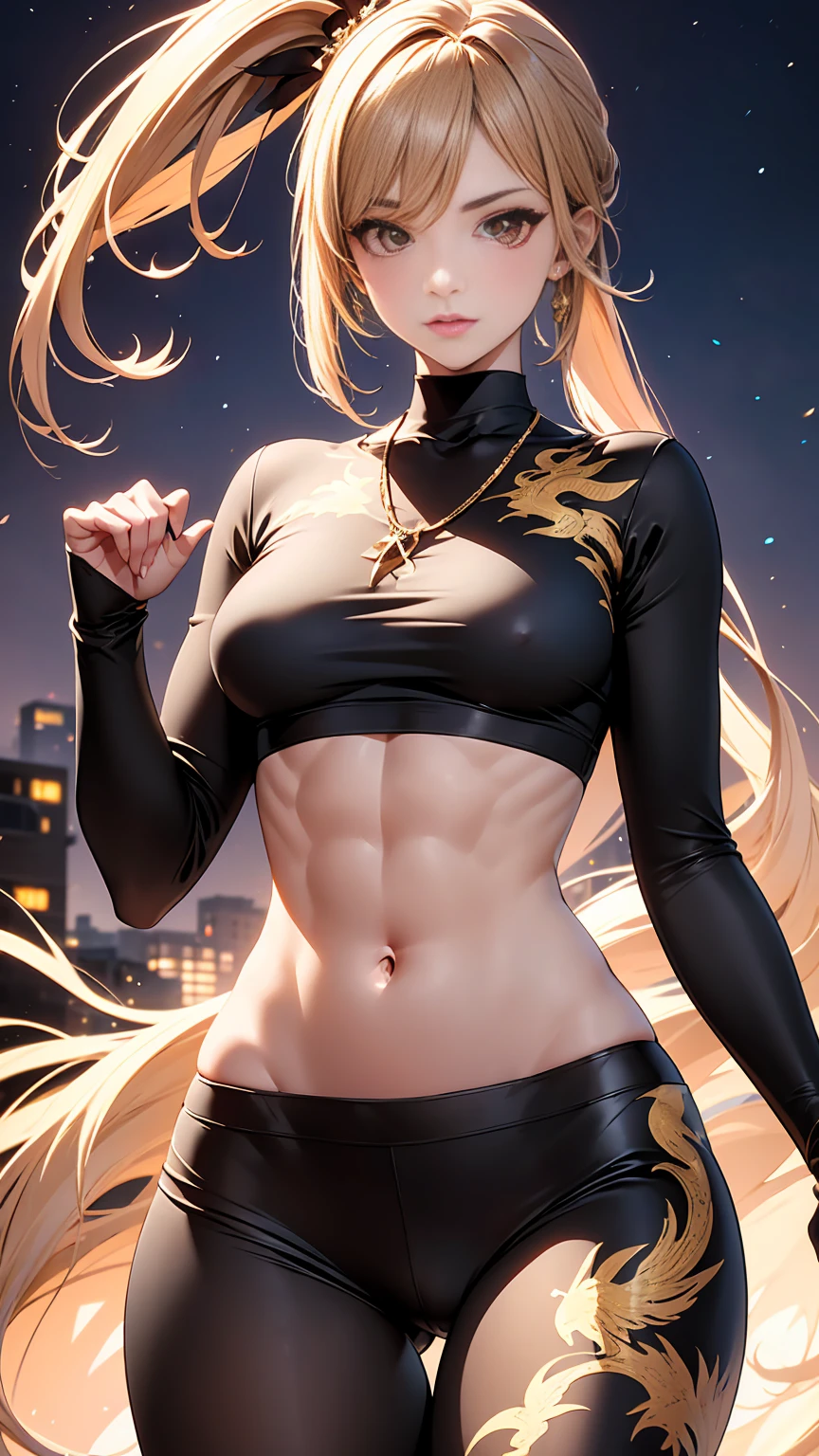 Beautiful woman with mid straight ponytail brown hair with brown eyes wearing an Black Tight Leggings With Golden Dragon Prints, a Red Sexy Criss Cross Mock Neck Mid Sleeves Blouse With Phoenix Prints, luxurious jewelry and a luxurious necklace, 18k gold wedding ring on left hand, fighting in a wide field at night, (caucasian skin), (light brown lipstick), (elegant mascara), (slim body with abs), (small breasts), (wide hips), midjourney, <lora:GoodHands-, <lora:GoodLegs-, UHD, high resolution, (masterpiece:1.1, best quality), (expressive eyes, perfect face, full body, expressive face, perfect body, perfect pussy, athletic, fit, slim body, blushing, Perfect makeup, eyeliner, beautiful eyelashes, smiling, horny face), ((best illumination, best shadows)), ((fight pose)),