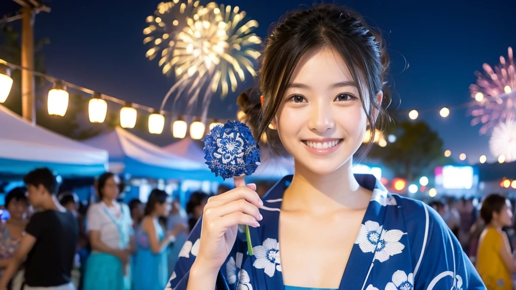 Beauty、festival、firework、Blue yukata、smile、summer