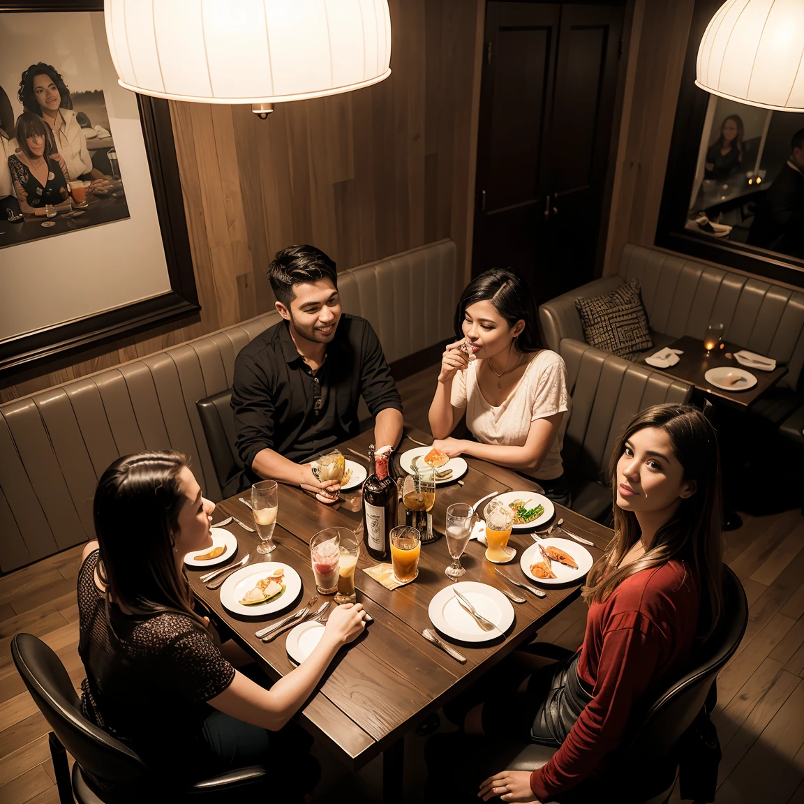 A group of friends splitting expenses at a restaurant, casual atmosphere, lively conversation, cozy interior with warm lighting. Diverse group, relaxed poses, overhead view. Created Using: candid photography, warm color palette, natural lighting, detailed textures, friendly ambiance, hd quality, realistic expressions, contemporary style --v 6.0