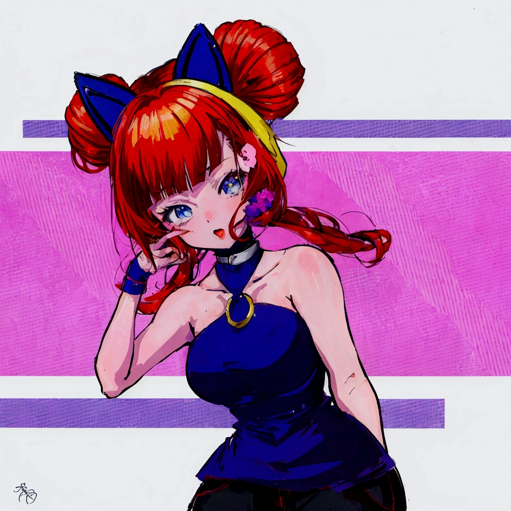 anime girl with red hair and a blue top posing for a picture, in the art style of 8 0 s anime, 8 0 s anime art style, in an anime style, 9 0 s anime art style, 8 0 s anime style, in anime style, anime style character, 9 0 s anime style, 90s anime style, anime art style