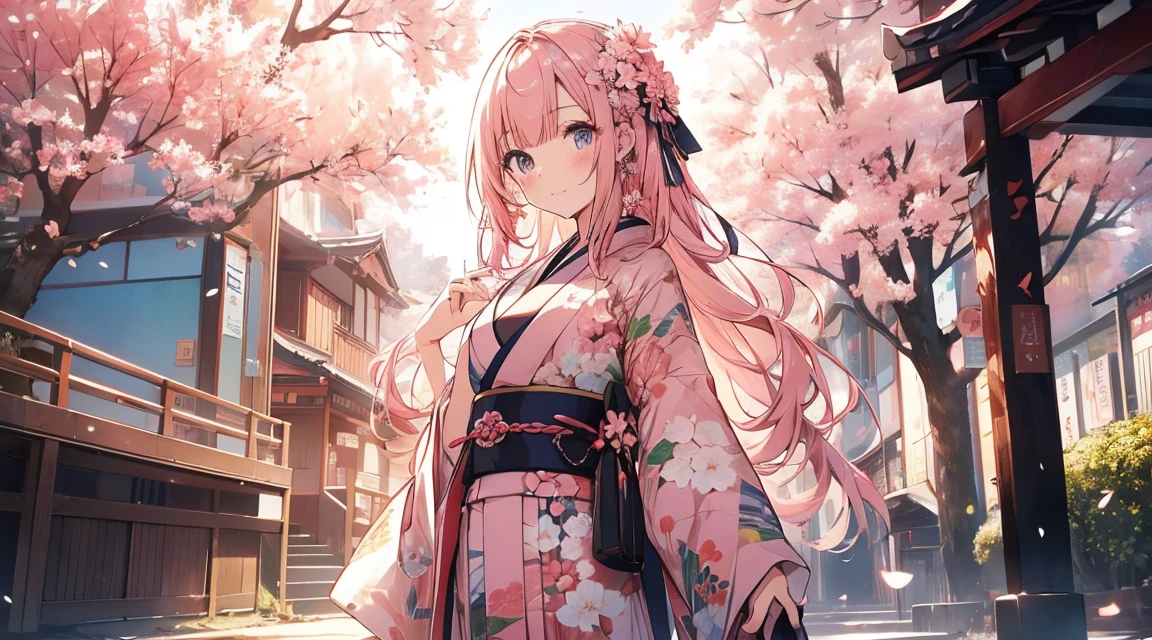 8K resolution, ((Highest quality)), ((masterpiece)), ((Very detailed)), (andても繊細で美しい), and a girl, alone, 優Interesting expressions, 彼女はandても(relax)and(Calm)exterior, Pink Hair, Written boundary depth, Bright smile, like々Interesting expressions, bright peach-colored eyes, 美しいPink Hair, Beautiful background, Long Hair, Line art, Pink kimono, Japan, Japan風, cherry blossomslike輝く瞳, Upward glance, Great eyes, cherry blossoms, cherry blossomsの木, cherry blossomsの花が舞っている, Upper Body