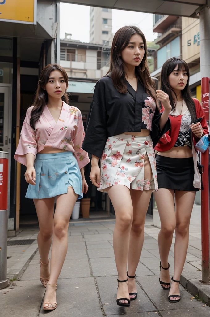 Three female idols wearing kimono tops and short skirts