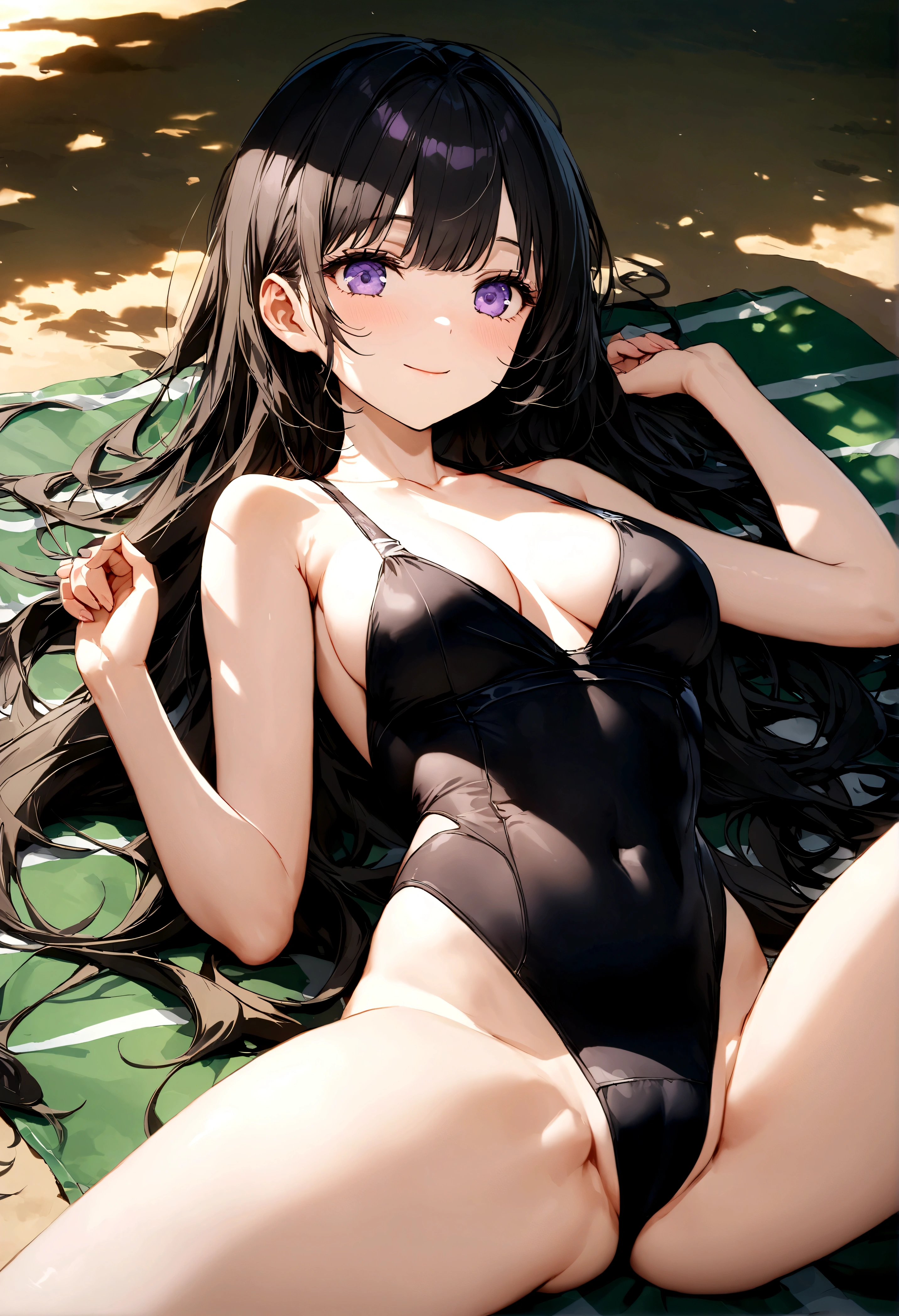 32k, best quality, ultra high res, HDR, UHD, extremely detailed CG, unity 32k wallpaper, very cute, , 1 person, Purple eyes, ((black competitive swimsuit)), Beach, black long hair, (large breasts), (Laugh shyly), ((Lie down on a picnic sheet)), (((Spread your legs wide))),