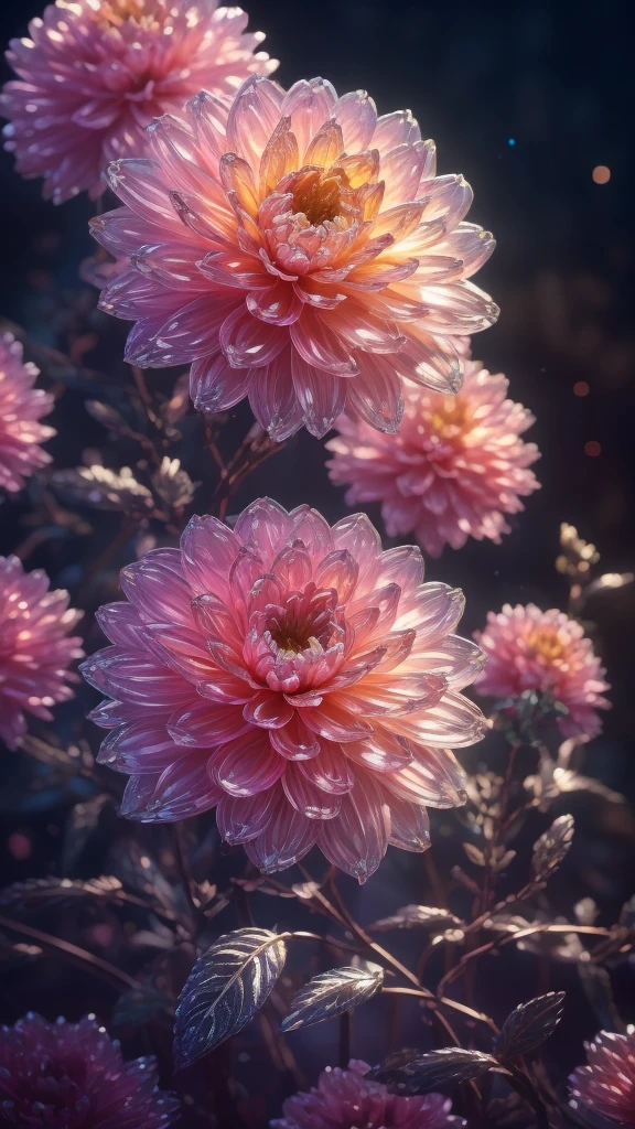Crystal Blossom Flower,Dahlia Fantasy, Milky Way, transparent,
Sparkling, Sparkling, wonderful, colorful,
Magical Pictures, Dramatic lighting, Photographic realism, Super detailed, 4K, Depth of written boundary, High resolution