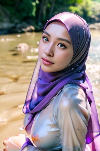 Japanese woman, oval face, slim face. Slender, thin, Slender and tall body. White skin., 25 years old , slim body abs, tall , ((medium breast:1.1)), beautiful lady, Nikon Z 85mm, ((best quality)) ((masterpiece)), intricate detail, ((almost )), sharp focus, professional, realistic, real life, hyperreal, photorealistic, fine detail, best quality, very Detailed CG unity 8k wallpaper, perfect artwork, Full body, glowing eyes, realistic, perfect female hourglass figure, thin waist, wide buttocks, looking at viewer, extremely delicate and beautiful, best quality, beautiful detail girl, beautiful eye detail, face lighting, film lighting, perspective, revealing buttocks, perfect collarbone, realistic facial expression, (exquisite detail, makeup, (exquisite beautiful exquisite face, delicate and beautiful eyes, a face with perfect proportions, high-detailed skin,((wearing light purple closed hijab, wearing super transparent light purple tight long floral gamis, unbuttoned loose opened clothes, showing nude breasts and nipples.showing nude vagina)), simple diamond necklace, ((open clothes), leaning in the mat, outdoor, bedise small stone river, undressing nude body. ((Wet body, soaking half body in the river, wet hijab, spalsh water))