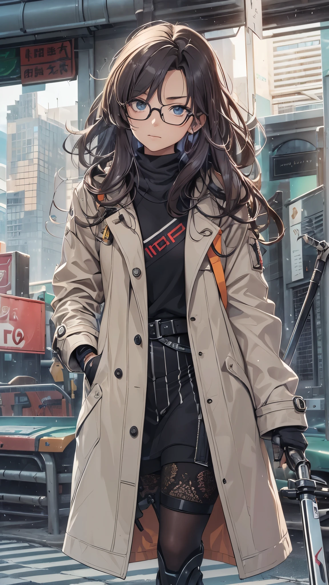 (Very detailed, Realistic), Cityscape, [moderately:Oil], [Professional:1.1], [Physically Based Rendering], [Bright colors], [Sharp focus], [Studio Lighting], [Extreme Detail], [Highest quality,4K,8K,High resolution,masterpiece:1.2],(Detailed face),Outside the street,((One 18-year-old woman)),(Glasses),(Black unkempt hair),(dark),(it hurts),(Scary),[Nervous eyes],(winter clothes ladies fashion,trench coat,tights),((レースアッProfessionalングブーツ)),(gloves,Knee pads),((She walks with crutches,Crutch length from armpit,Crutches are at her side)),((Her feet are turned inwards)).