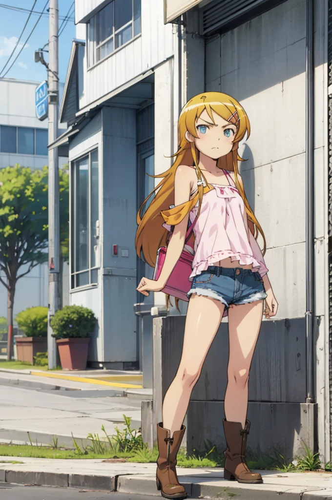 solo, 1girl, looking at viewer,  kirino kousaka, bare shoulder,denim shorts,boots,outdoor,angry