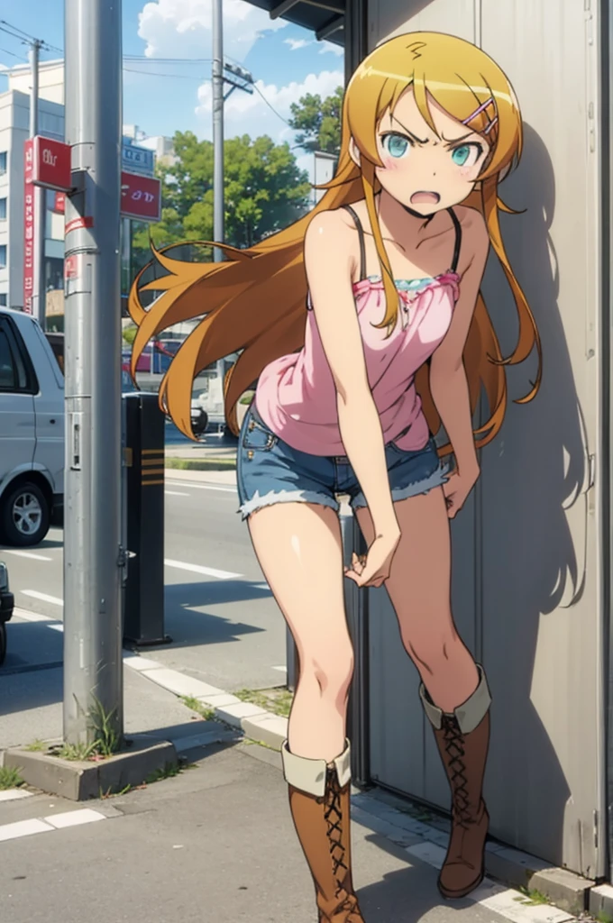 solo, 1girl, looking at viewer,  kirino kousaka, bare shoulder,denim shorts,boots,outdoor,angry