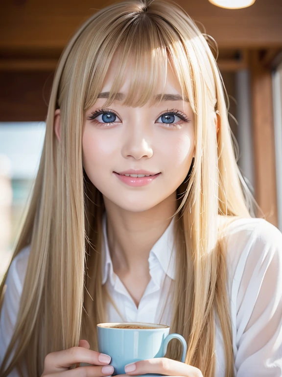 Silky skin and glowing cheeks、A very beautiful and adorable 20 year old girl、((Long bangs that reach down to the nose and between the eyes,,,))、Beautiful and cute young woman with very long, silvery, silky platinum blonde hair、Very beautiful pale yellow eyes shining、Bright expression、Summery clothes、Flat Chest、