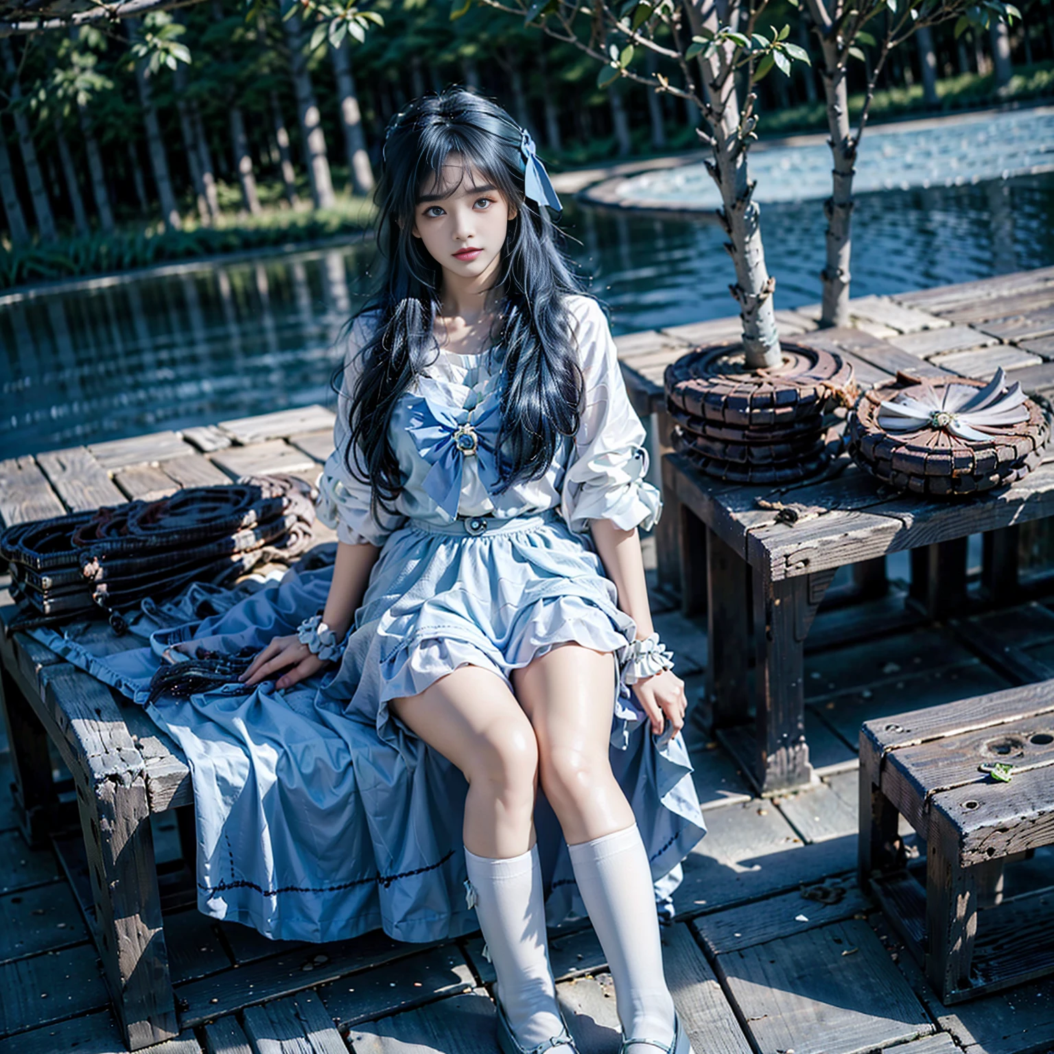 ((masterpiece,best quality)),Negative Space:1.3,Imagine,There was a woman,With dark blue hair and jelly color,Blue sky,There are trees on the vast grassland,Fine details, Humanoid sea blue girl, Light and shadow background, Ocean blue hair and cyan eyes,skirt,black eyes,White socks