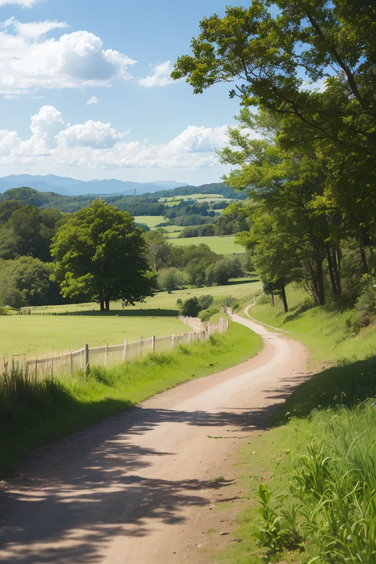 A scenic rural landscape featuring a winding dirt path through lush green fields. The path leads towards a distant forested hill under a clear blue sky with a few scattered clouds. Along the path, there is a wooden signpost on the left side. The foreground is filled with vibrant green grass and vegetation, creating a serene and peaceful countryside atmosphere.
watercolor