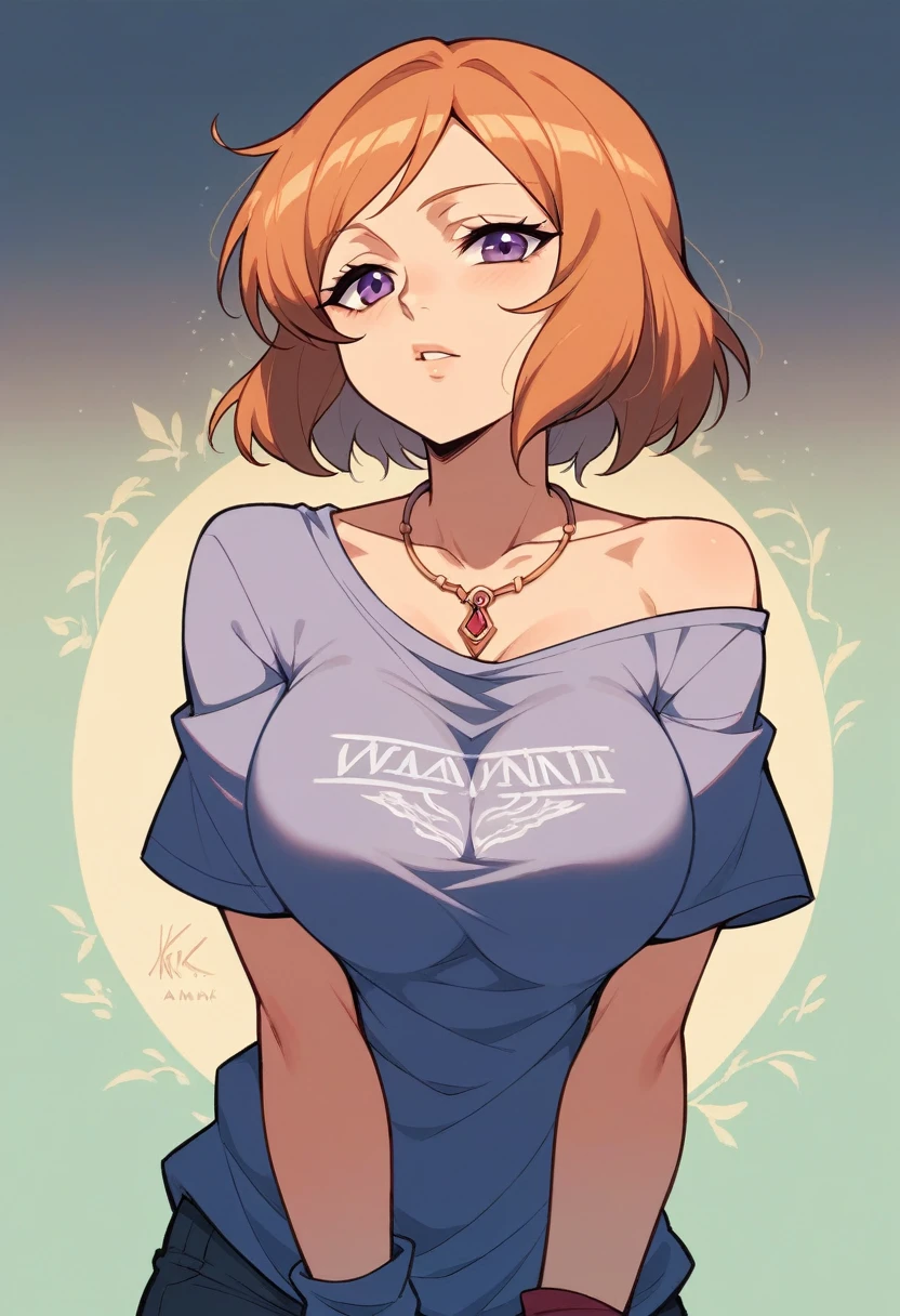masterpiece, best quality,8k wallpaper, cowboy shot, nishikino maki,off shoulder t-shirt,skart, necklace,wrist band , purple eyes ,big breasts , castlevania style