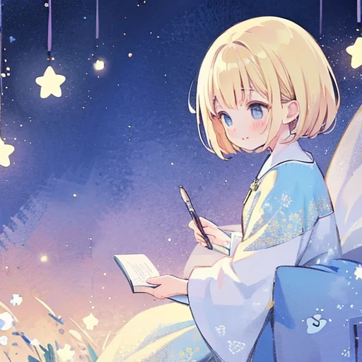 complex background, wishing star background, a blonde woman with big messy hair, wearing an ethereal mystical blue translucent dress that reflects the stars, mystic, complex drawing, highly detailed, promo art, artistic rendition, ethereal, starry night, midjourney style