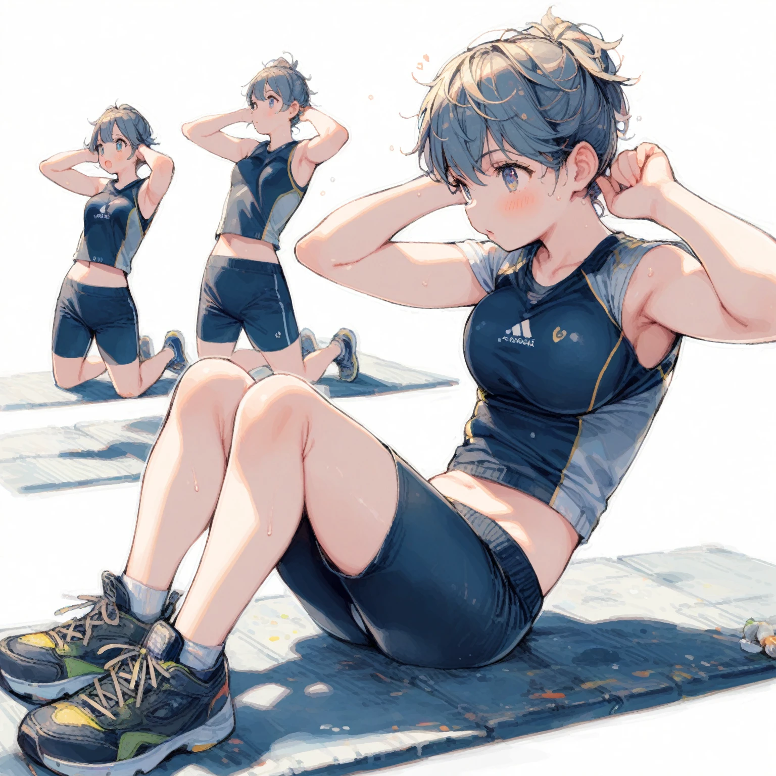 1girl、Doing abdominal exercises during training、Big Breasts、tegaki