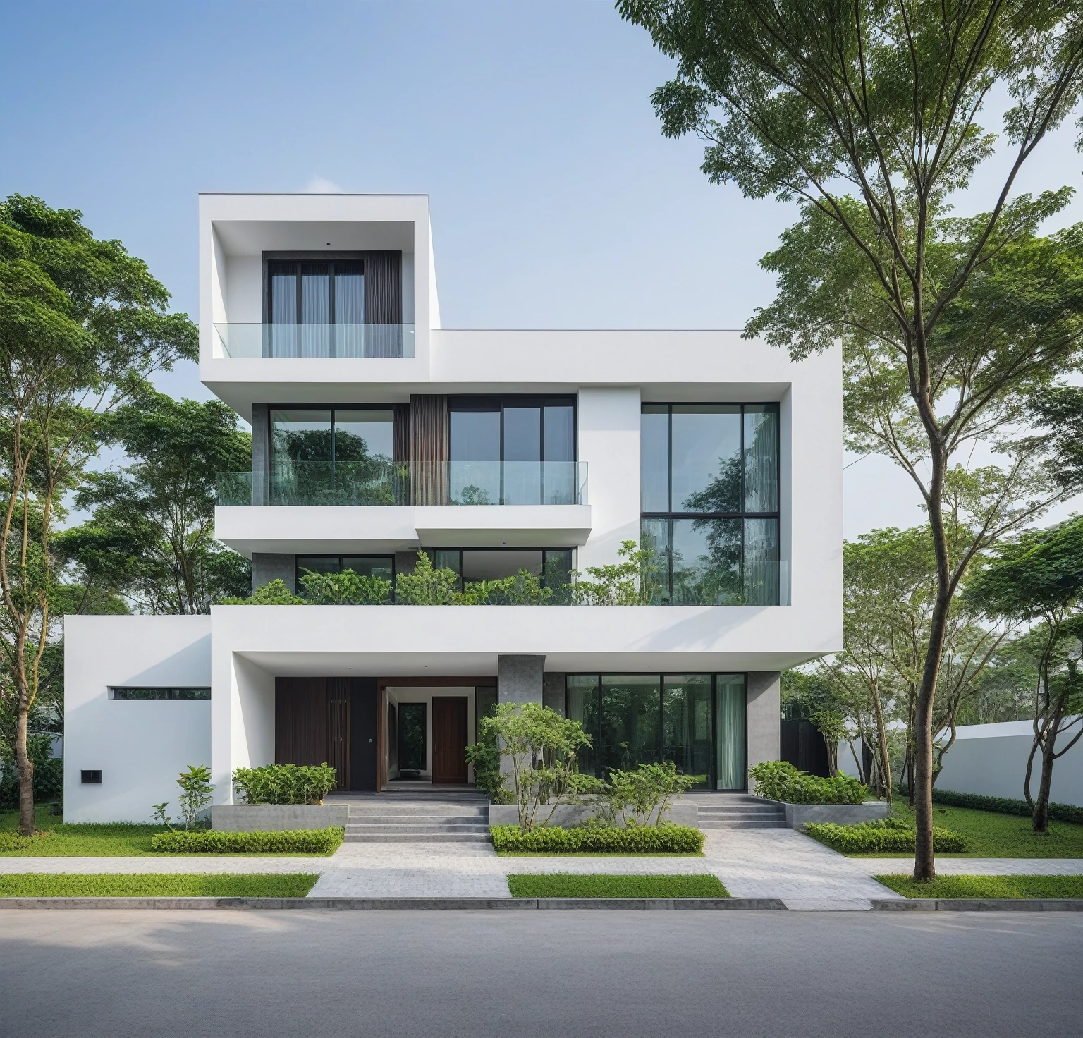 A modern minimalist style single-story villa with a flat roof, white walls and glass windows in Vietnam is surrounded by green lawns, ((road)), ((sidewalk)), ((sidewalk trees)), The overall architectural design features clean lines and simplicity, creating an elegant atmosphere. Use professional photography techniques to capture details and highlight the unique architecture of contemporary luxury houses in the style of minimalism