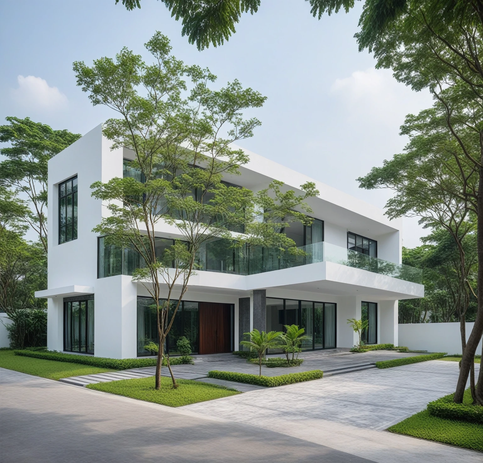 A modern minimalist style single-story villa with a flat roof, white walls and glass windows in Vietnam is surrounded by green lawns, ((road)), ((sidewalk)), ((sidewalk trees)), The overall architectural design features clean lines and simplicity, creating an elegant atmosphere. Use professional photography techniques to capture details and highlight the unique architecture of contemporary luxury houses in the style of minimalism