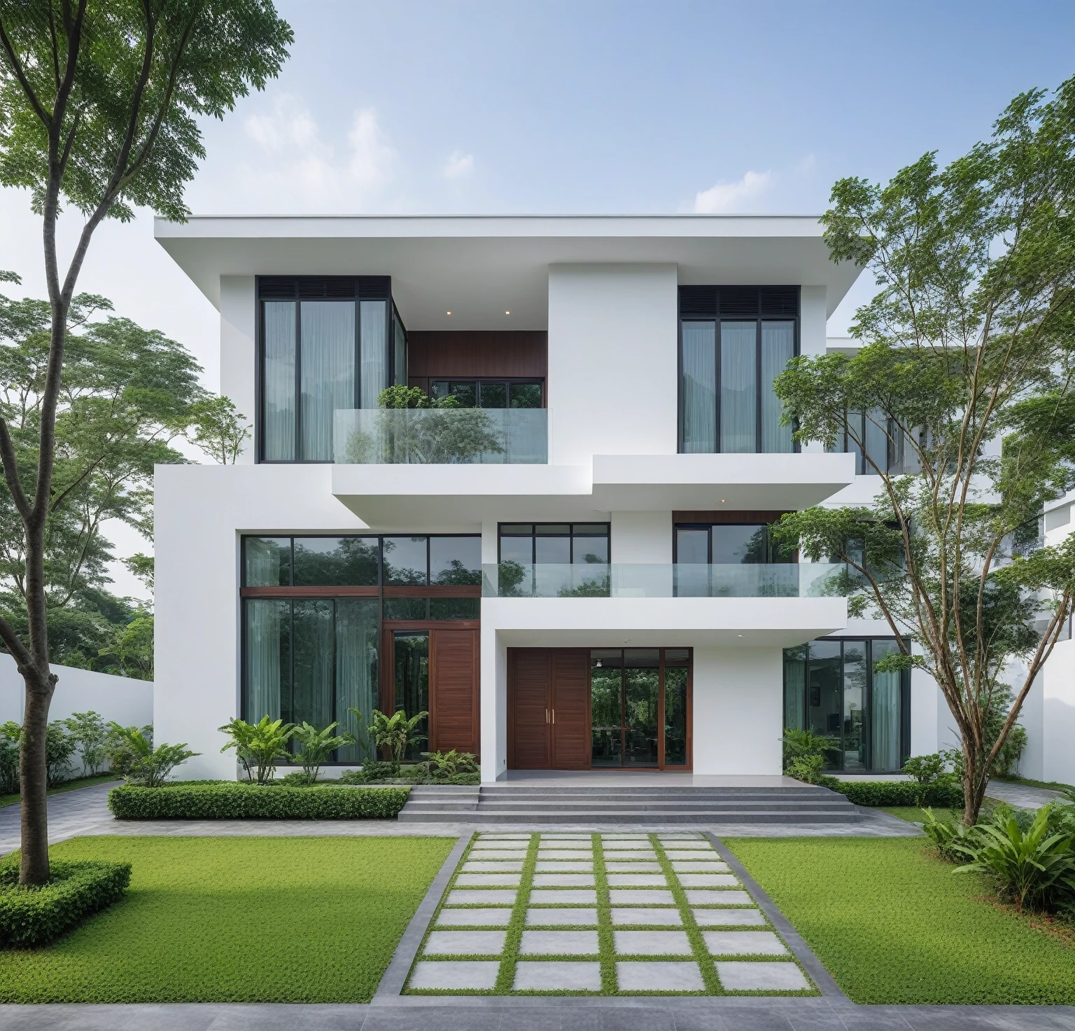 A modern minimalist style single-story villa with a flat roof, white walls and glass windows in Vietnam is surrounded by green lawns, ((road)), ((sidewalk)), ((sidewalk trees)), The overall architectural design features clean lines and simplicity, creating an elegant atmosphere. Use professional photography techniques to capture details and highlight the unique architecture of contemporary luxury houses in the style of minimalism