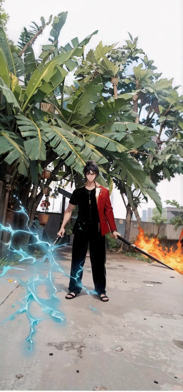 (masterpiece, best quality, highres, ultra-detailed), 1man, male focus, spiky black hair, grey eyes, handsome, detailed eyes and face, male body, earrings, ear piercing, unbuttoned black blazer, white shirt, trousers, bare collarbones, chain necklace, city slums background, by amano akira, full body, cigarette, cigarette smoke, guy smoking,1guy, masterpiece