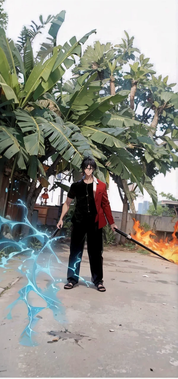 (masterpiece, best quality, highres, ultra-detailed), 1man, male focus, spiky black hair, grey eyes, handsome, detailed eyes and face, male body, earrings, ear piercing, unbuttoned black blazer, white shirt, trousers, bare collarbones, chain necklace, city slums background, by amano akira, full body, cigarette, cigarette smoke, guy smoking,1guy, masterpiece