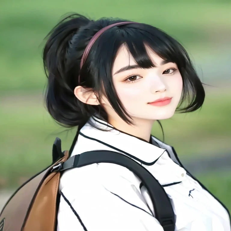Beautiful girl with black hair and a backpack looking at the camera