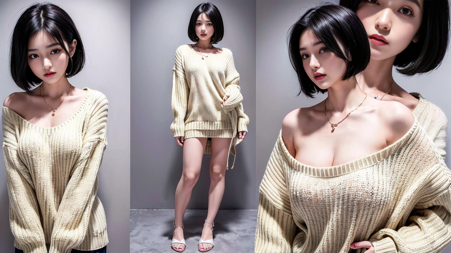 (Highest quality, 8K, 32k, masterpiece, Ultra-high resolution:1.2),Beautiful Japanese Women Photos, Large Breasts, Very short bob hair,Upper Body,(Extra Large_sweater,:1.1) necklace, Simple Background, Look around