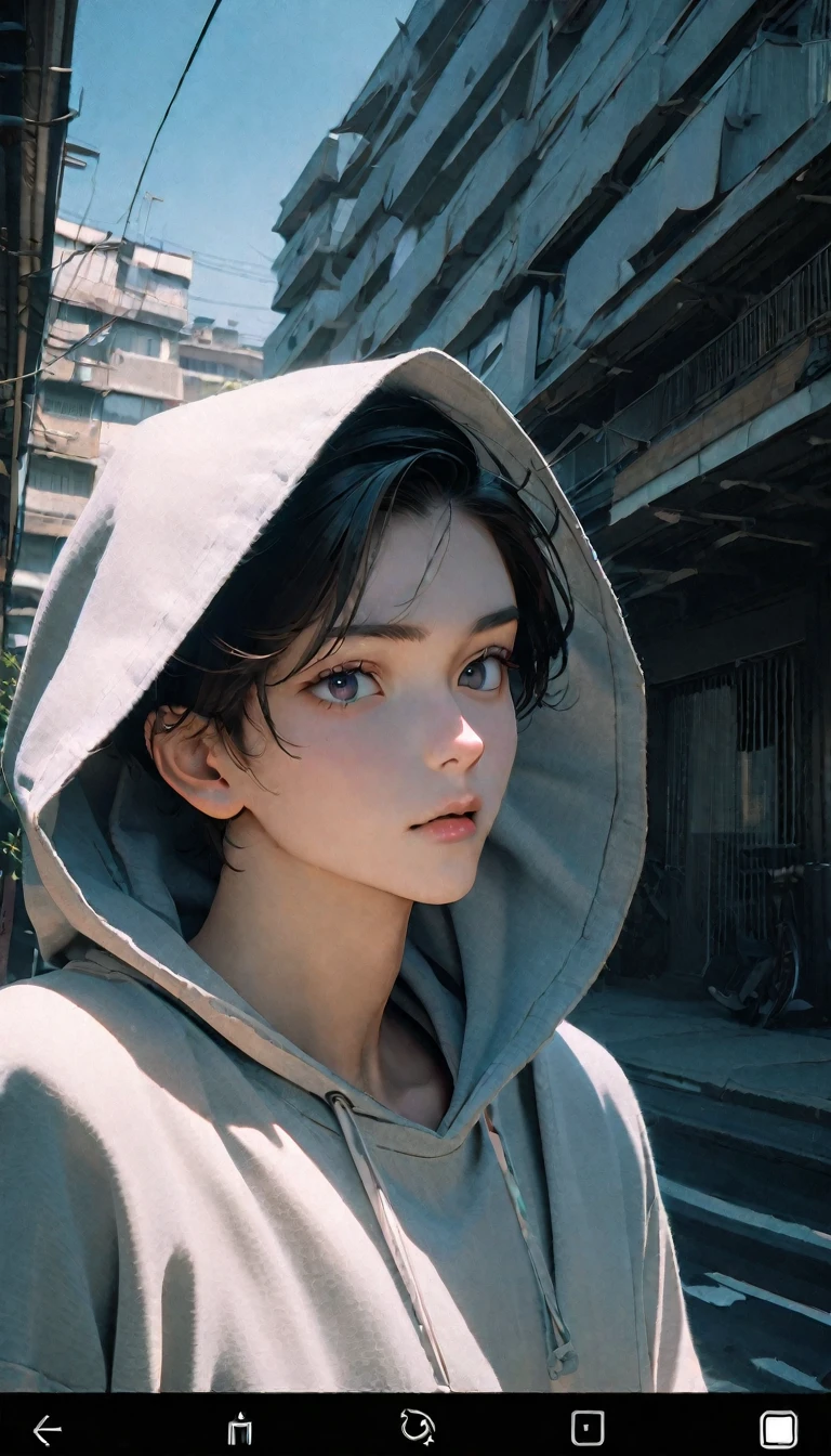 (8K, RAW photos, best quality, masterpiece: 1.4), (((Boy on bike))),Ultra-high resolution, Extremely detailed, light, Mobile phone close-up, handsome boy, black eyes, (delicate eyes, Eyes are bright:1.2), Gray short hair, Fair skin,dark, Grey sweatshirt, sweatshirt with hood,(perfect anatomy:1.2), High-quality shadows, Natural Lighting, (White highlights:1.2), night, cloudy day, (Four-story residential building:1.2), (Call up:1.2)