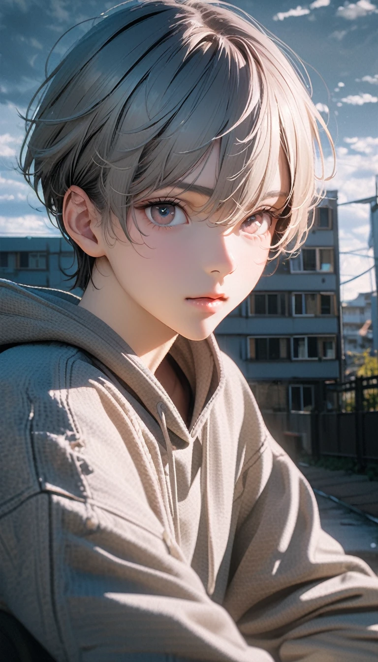 (8K, RAW photos, best quality, masterpiece: 1.4), (((Boy on bike)))，Ultra-high resolution, Extremely detailed, light, Mobile phone close-up, handsome boy, black eyes, (delicate eyes, Eyes are bright:1.2), Gray short hair, Fair skin,dark, Grey sweatshirt, sweatshirt with hood,(perfect anatomy:1.2), High-quality shadows, Natural Lighting, (White highlights:1.2), night, cloudy day, (Four-story residential building:1.2), (Call up:1.2)