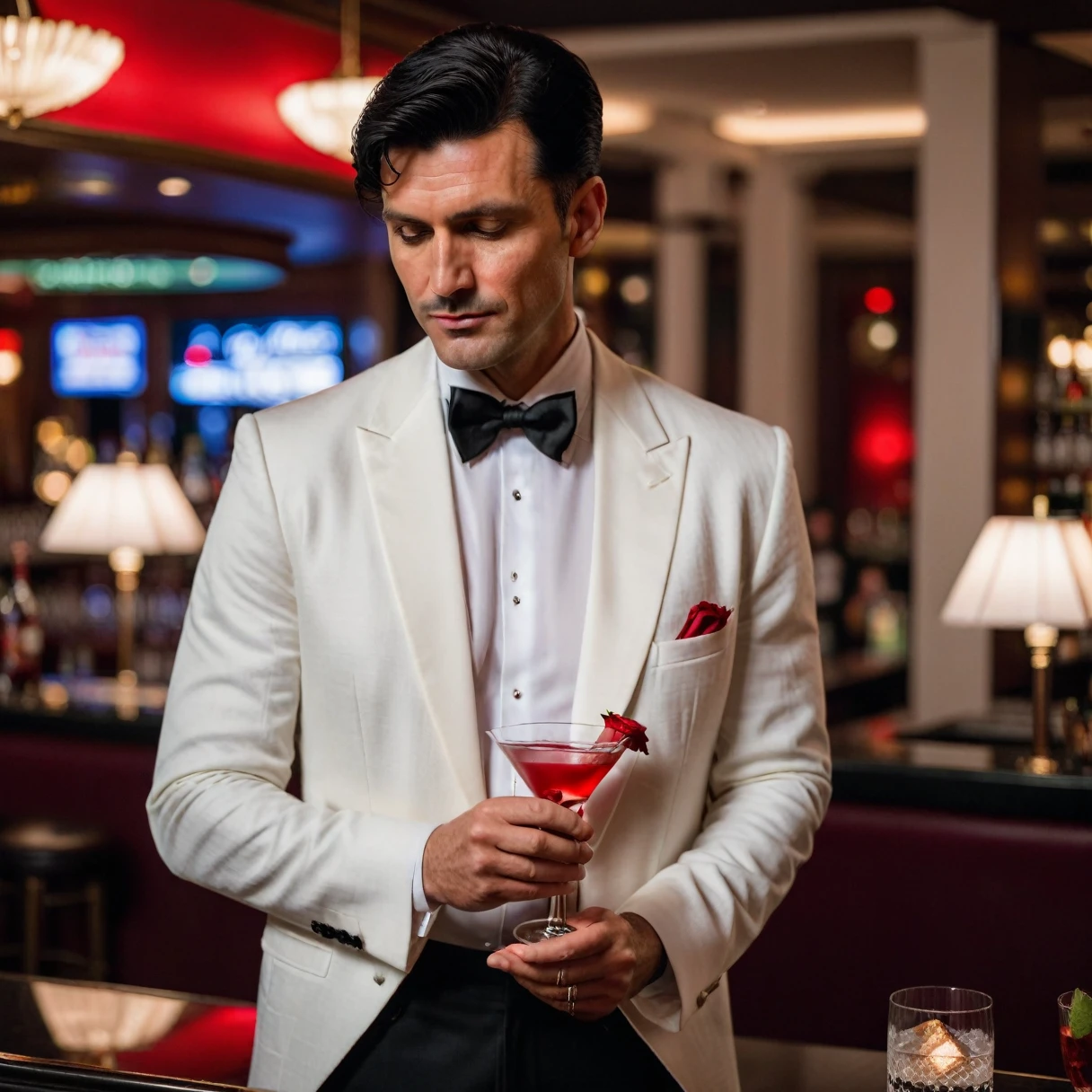photorealistic, cinematic, raw photo, low angle shot, man, mature, black hair, short side part hairstyle, clean shaven, tall, thin, scar on cheek, wearing off-white linen dinner jacket, white evening dress shirt, black silk bow tie, red rose boutonniere, drinks martini near bar, in casino , evening