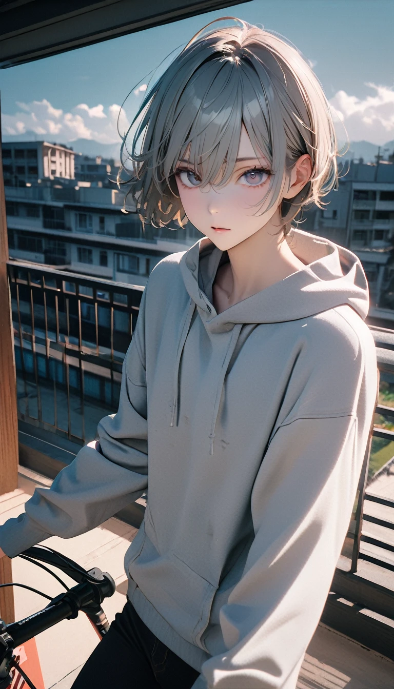 (8K, RAW photos, best quality, masterpiece: 1.4), (((Boy on bike))),Ultra-high resolution, Extremely detailed, light, Mobile phone close-up, handsome boy, black eyes, (delicate eyes, Eyes are bright:1.2), Gray short hair, Fair skin,dark, Grey sweatshirt, sweatshirt with hood,(perfect anatomy:1.2), High-quality shadows, Natural Lighting, (White highlights:1.2), night, cloudy day, (Four-story residential building:1.2), (Call up:1.2)