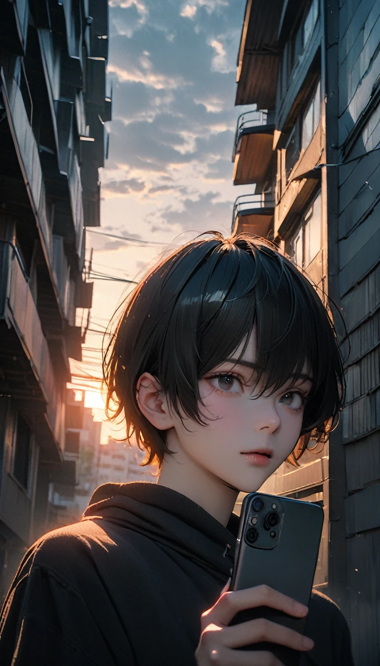 (8K, RAW photos, best quality, masterpiece: 1.4), (((Boy on bike))),Ultra-high resolution, Extremely detailed, light, Mobile phone close-up, handsome boy, black eyes, (delicate eyes, Eyes are bright:1.2), Gray short hair, Fair skin,dark, Grey sweatshirt, sweatshirt with hood,(perfect anatomy:1.2), High-quality shadows, Natural Lighting, (White highlights:1.2), night, cloudy day, (Four-story residential building:1.2), (Call up:1.2)