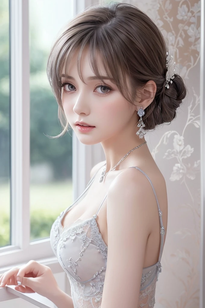 blue lace thong&Good, (((Very elegant and beautiful, Perfect detail, Super detailed))), whole body, The most detailed girl, Depth of written boundary, 美しく詳細なwhole body, Thin legs, 1 girl, 30 years old, Very short hair, Spiked Hair, Gray and silver hair, Beautiful detailed hair, Perfect Face, Expressionless, Beautifully detailed deep eyes, Open your mouth a little, Delicate arms and hands, Pale skin, Earrings, Beautiful and gorgeous necklace, Colorful background, HD background, Blurred Background, Very delicate and beautiful, Masterpiece, (((Highest quality, Very beautiful 8K CG wallpaper))), (((Trendy hairstyles))), (Inside the room,Stylish interior,window),