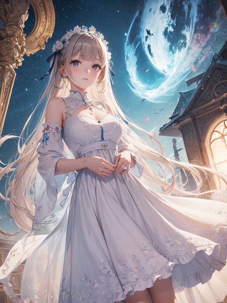 Absurd, High resolution, Very detailed, Wide Shot(One Girl:1.3),
break
, Image design of beautiful embroidery on white dress canvas, Sky blue shades，supernatural，Different world，Very detailedな，Great decoration, Bright lighting，Bokeh effect.