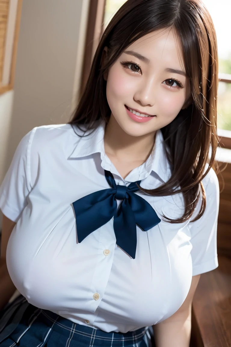 (Best quality,masterpiece,ultra detailed,8K,RAW photo,realistic,high resolution:1.2),(Pretty Japanese girl),(Super huge tits:1.4),(light brown hair),(school uniform,white shirt,pleated skirt:1.4),(voluptuous:1.5),(shoulder length),(light smile:1.4),(chubby:1.5)