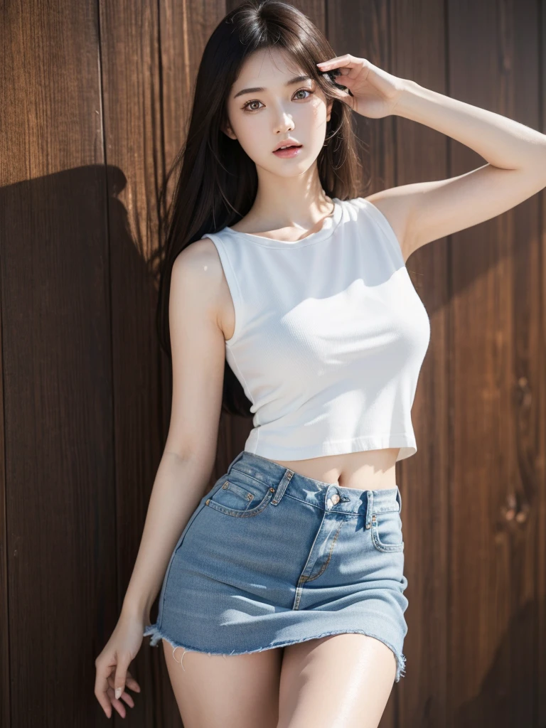 (ultra-realistic realism), (illustratio), (high resolution), (8K), (extremely detaile), (best illustration), (Beautiful and delicate eyes), (Best quality), (Super detailed), (tmasterpiece), (Wallpapers),white sleeveless cut and sew, denim miniskirt, dynamic pose, big breasts, masterpiece, high definition, 24K