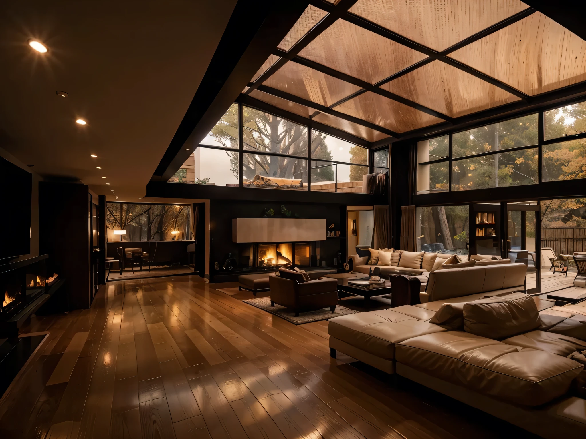 A Double-height ceiling living room with a large, floor-to-ceiling window. cozy ambiance with a fire place and a television.outside is dark and rainy with trees