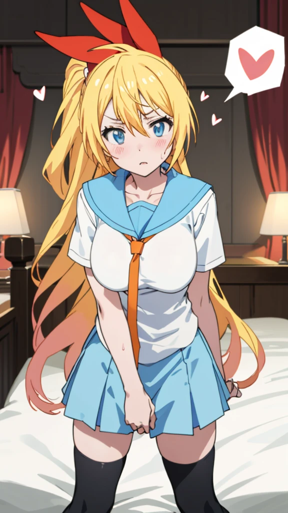 kirisaki chitoge, , serafuku, orange tie, light blue skirt, black thighhighs
, masterpiece, best quality, highres,
BREAK,big breasts,looking viewer
, (spoken hearts:1.2),(sweat:1.2),(deep breathe:1.2),(on bed:1.2),(steam:1.2)