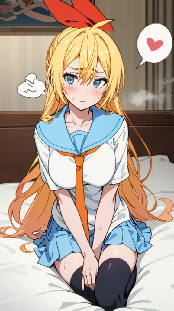 kirisaki chitoge, , serafuku, orange tie, light blue skirt, black thighhighs
, masterpiece, best quality, highres,
BREAK,big breasts,looking viewer
, (spoken hearts:1.2),(sweat:1.2),(deep breathe:1.2),(on bed:1.2),(steam:1.2)