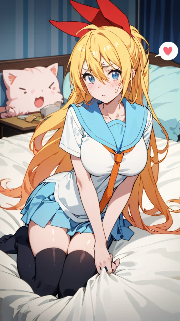 kirisaki chitoge, , serafuku, orange tie, light blue skirt, black thighhighs
, masterpiece, best quality, highres,
BREAK,big breasts,looking viewer
, (spoken hearts:1.2),(sweat:1.2),(deep breathe:1.2),(on bed:1.2),(steam:1.2)