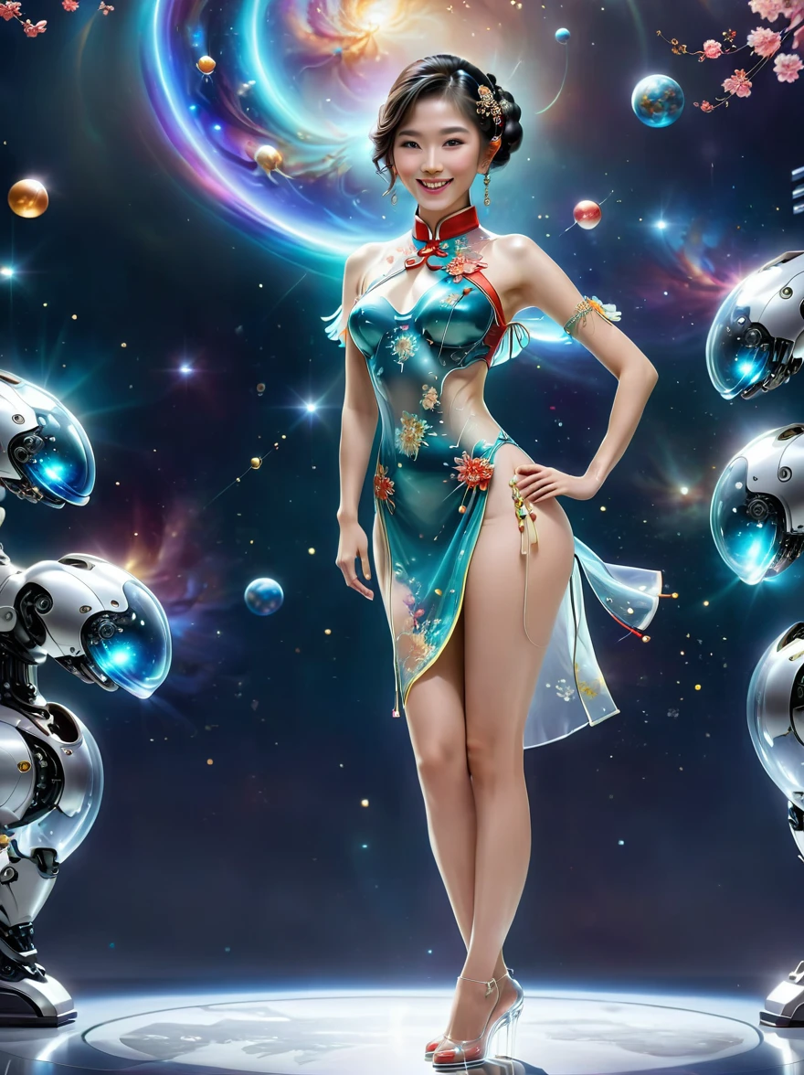 (full-body shot:1.4), Space Art, 1 Cheongsam woman，whole body，Standing，Transparent robotic arm，slim body，Perfect proportions，Exquisite hair accessories，Smile，Transparent mechanical shoes，Oriental elements，(bokeh)，high quality，4K，3d