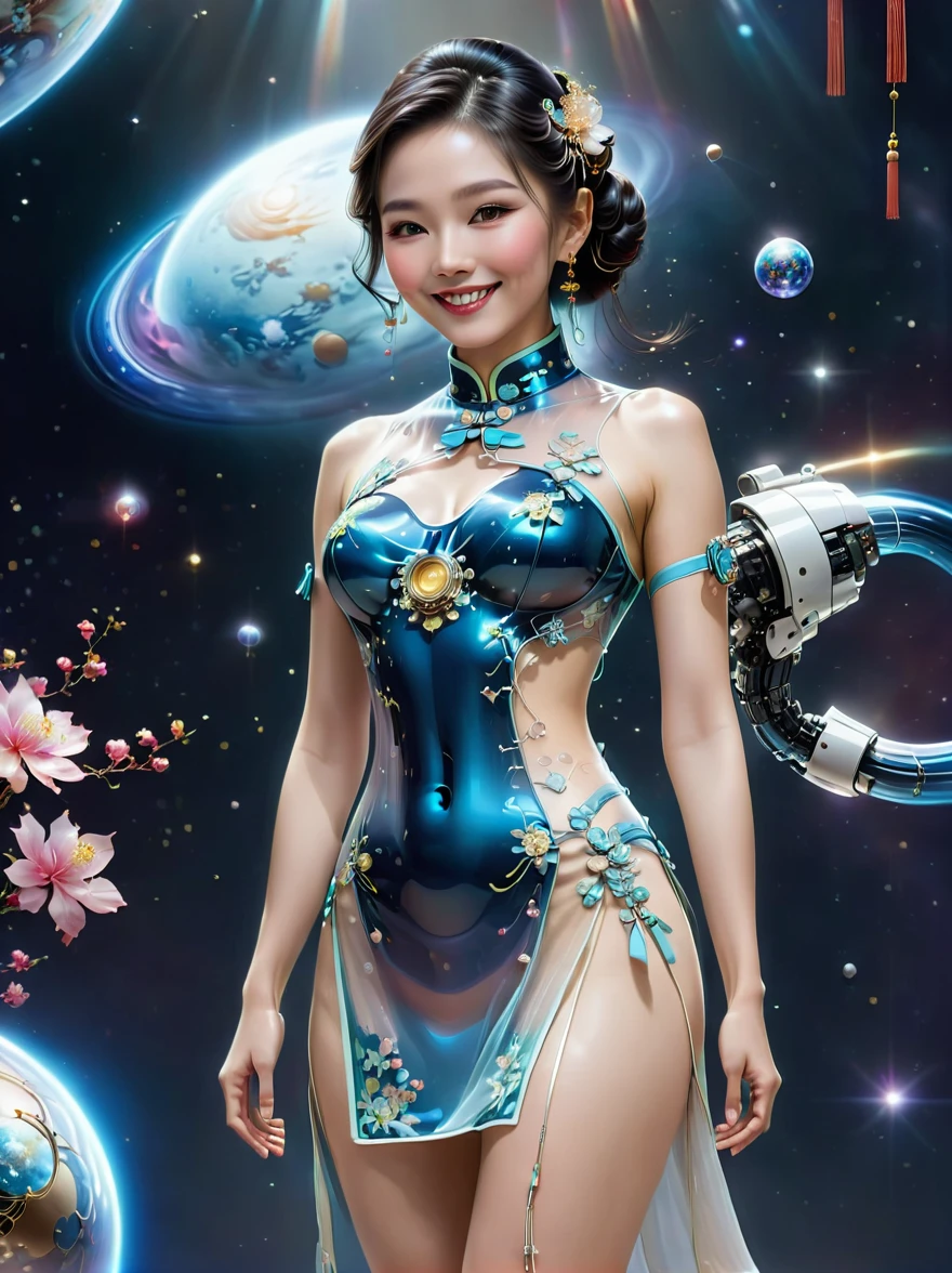 (full-body shot:1.4), Space Art, 1 Cheongsam woman，whole body，Standing，Transparent robotic arm，slim body，Perfect proportions，Exquisite hair accessories，Smile，Transparent mechanical shoes，Oriental elements，(bokeh)，high quality，4K，3d