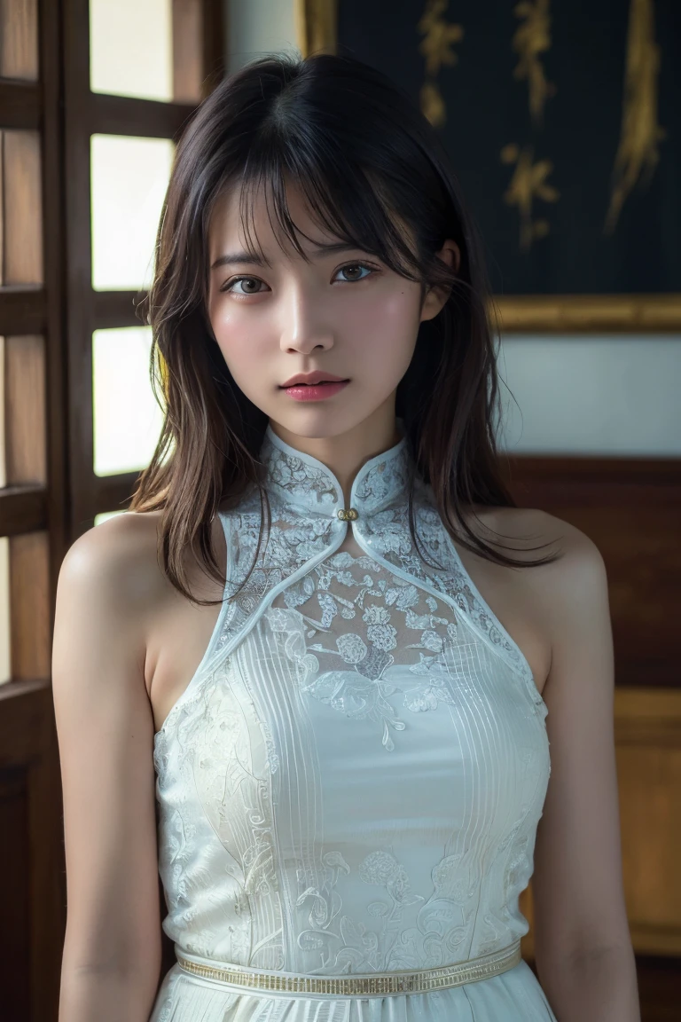 (Highest quality:1.4),(masterpiece:1.4),(Realistic:1.4),(Realistic:1.2),(超High resolution, RAW Photos:1.4),(High resolution, Ultra-detailed:1.2),(8K:1.2),Movie Photos,a photo of a dark-haired,One girl,alone,wear ,((China dress))、((Upper Body:1.3))