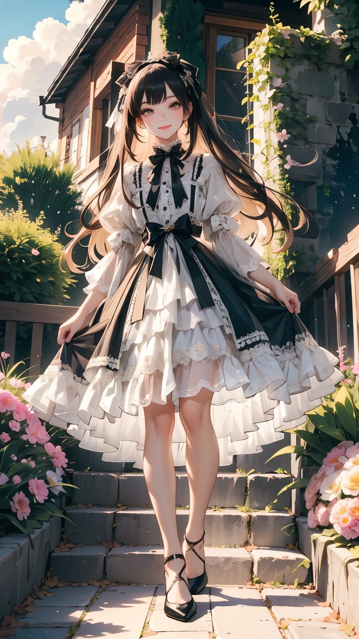(Practical:1.3), Meticulous attention to detail, quality, (masterpiece:1.2), Delicate skin， (Intricate details), dramatic, Ray Tracing, 1 Girl, Smile, Very long hair, Bangs, Tutu，（（Lolita_skirt））, have,Ribbon,Lace,stocking, High heel, (outdoor, Sunny Day, garden, cloud)