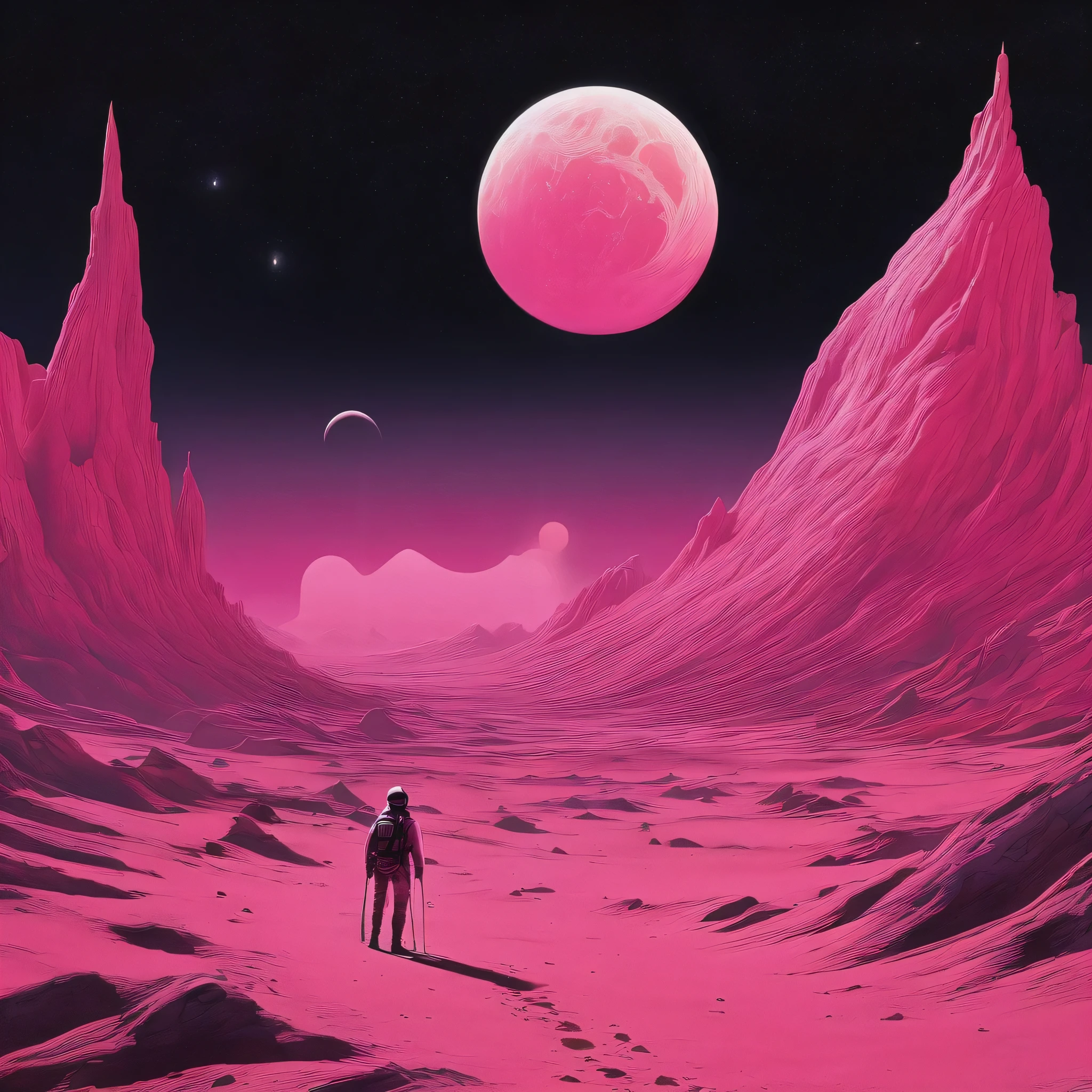 In the style of Chesley Bonestell,Depicting an adventurer wandering an alien desert under the light of a giant pink moon,The screen contains dynamic elements,like swirling dust、Distant alien plants and strange objects in the sky,Use wide-angle perspective to create immersion,Get In Style With Charles Dana Gibson。pink,galaxy,universe space
