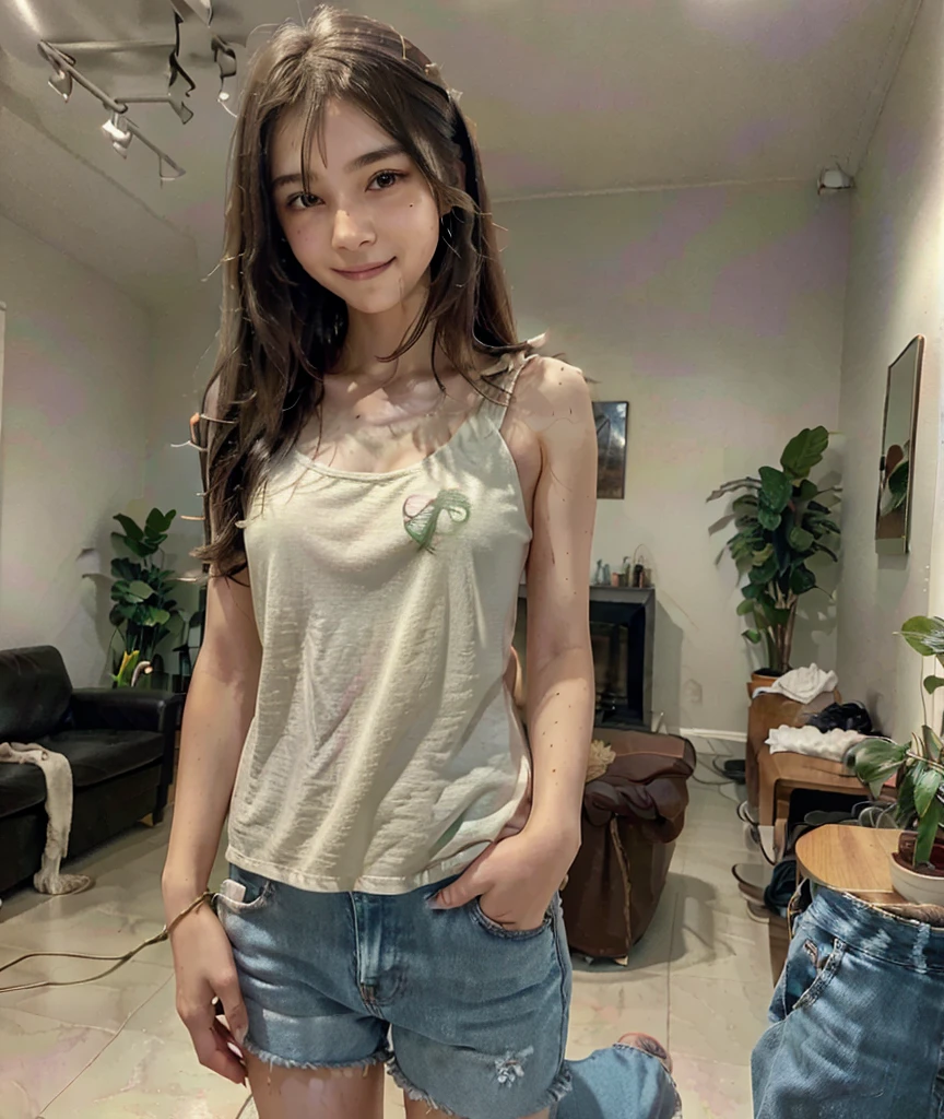 Digital illustration of a beautiful 19 year old woman, standing alone in the house. He wears a comfortable casual t-shirt and jeans or shorts. Her hair is long and flowing naturally. Her face was decorated with a warm sweet smile. The background is a bright and tidy living room, with modern decorations such as sofas, coffee table, and several ornamental plants, create a comfortable and warm atmosphere.