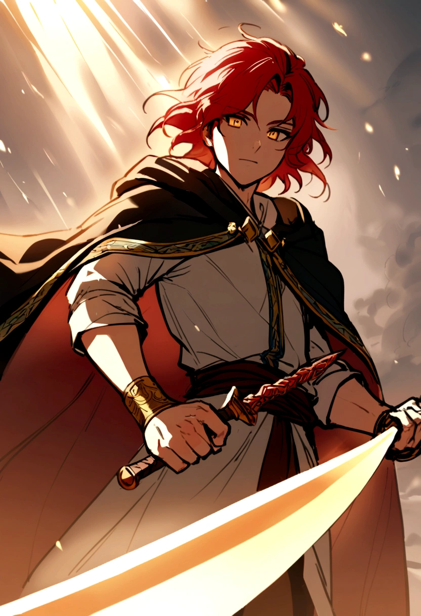 A brave youth boy with red hair and golden eys, he is wearing an acient persian cloak and holding a shamshir sword on hand.