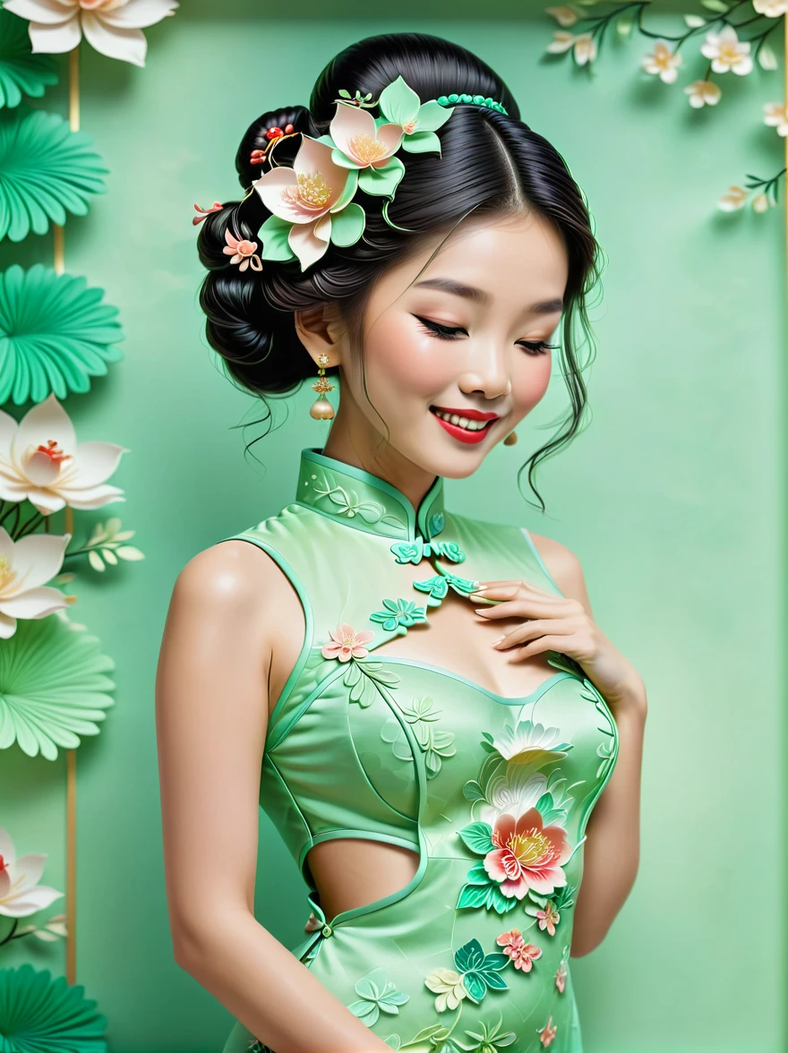 (paper art, Quilted paper art, 3d), (full body:1.5), 1 Cheongsam woman，shy，Close your eyes，slim body，Perfect proportions，Exquisite hair accessories，Smile，Oriental elements，Simple background，Mint Green，(Soft lighting，bokeh)，high quality，4K